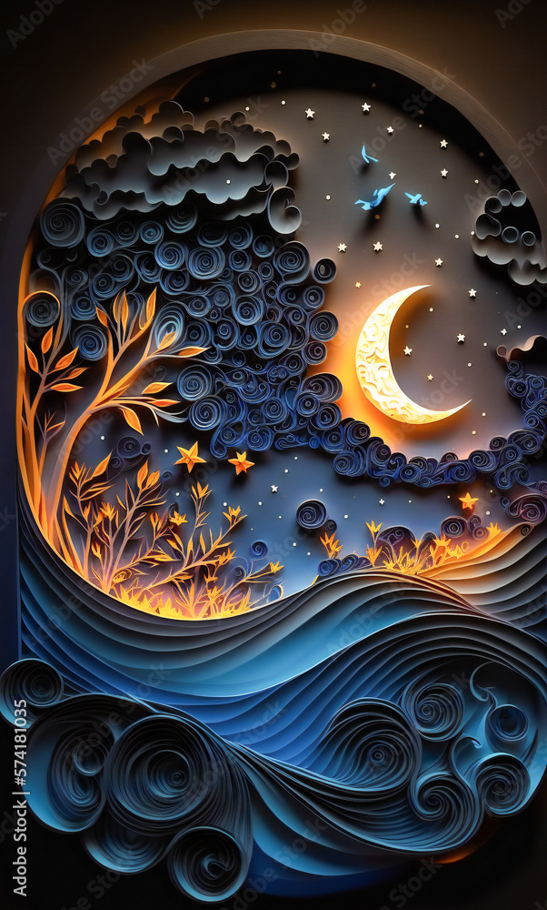 Paper quilling style night landscape. Created with Generative AI technology.