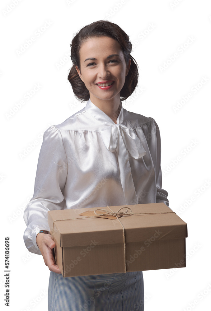 Smiling vintage woman with mail package