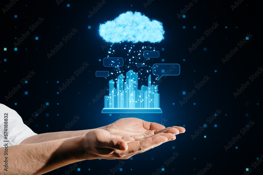 Close up of male hand holding glowing urban cloud and city communication hologram on blurry blue tec