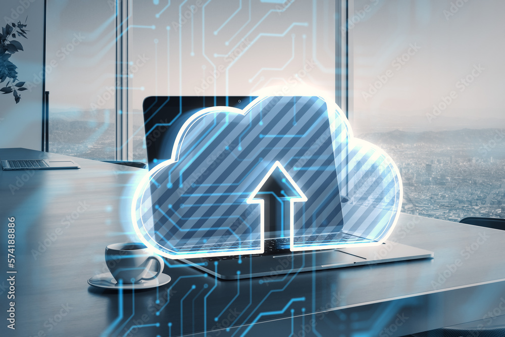 Data storage and cloud computing technology concept with digital arrow in white and blue cloud symbo