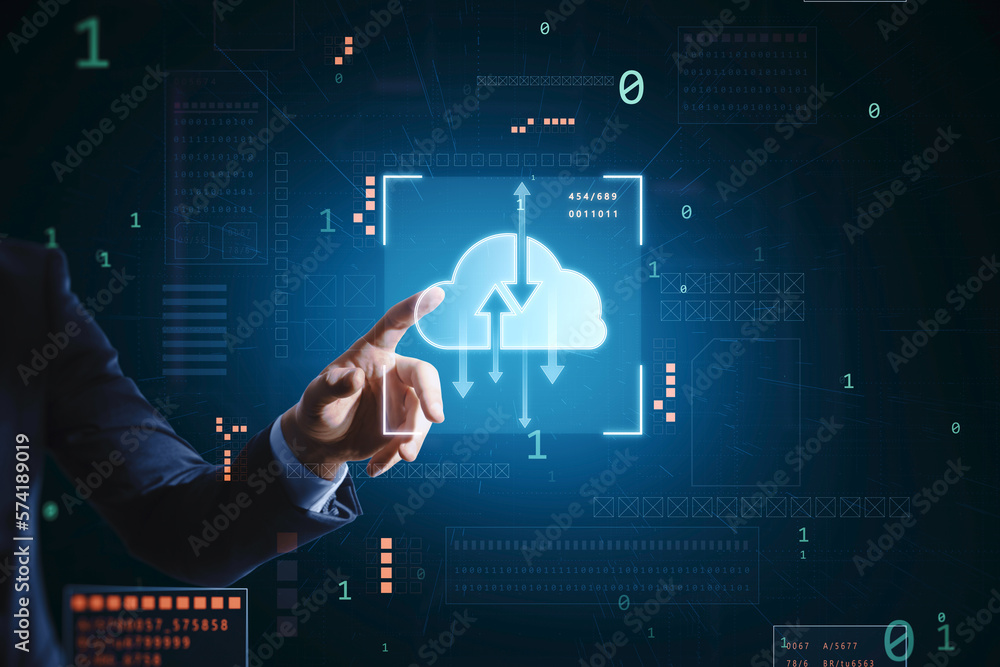 Data exchange and cloud service concept with businessman finger on digital touch screen with glowing