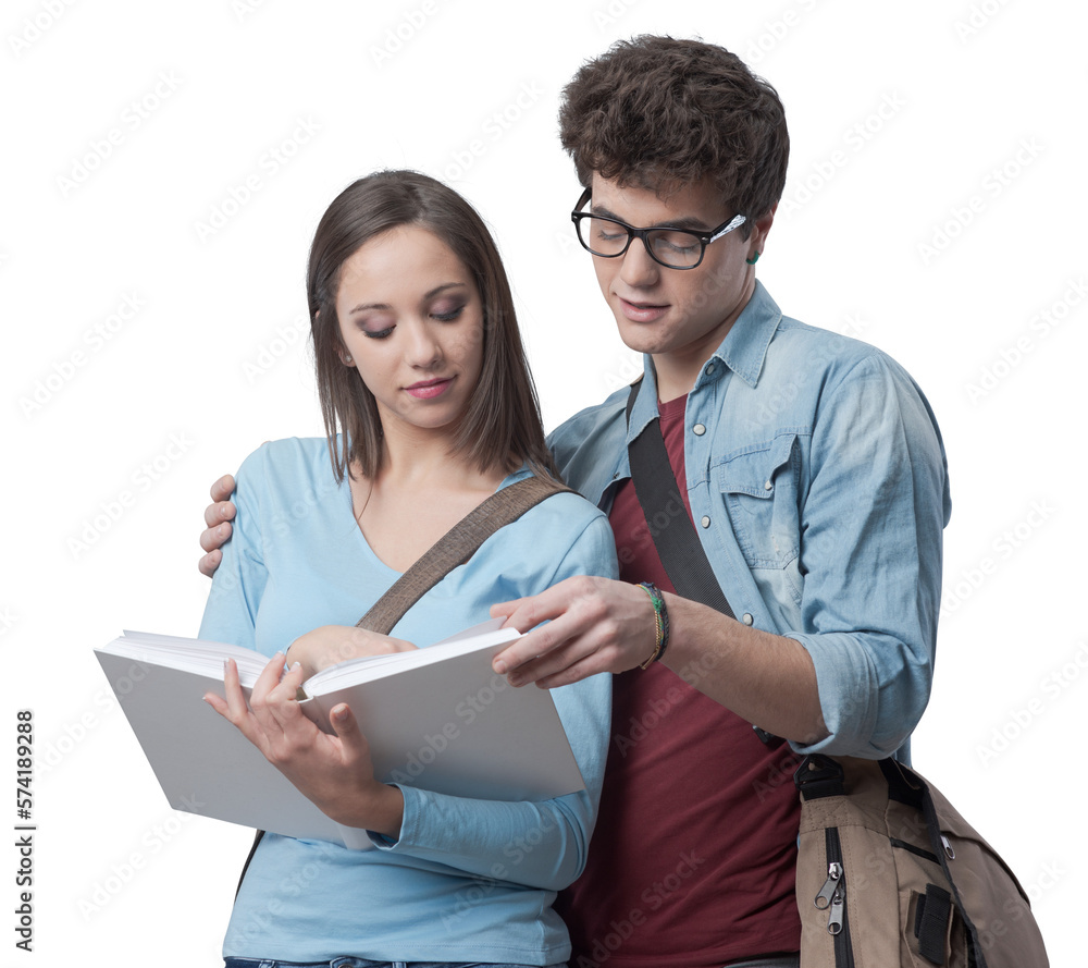 Smiling students studying together