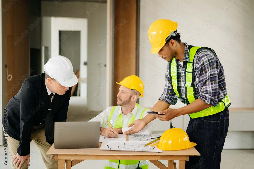 Architect caucasian man working with colleagues mixed race in the construction site. Architecture en