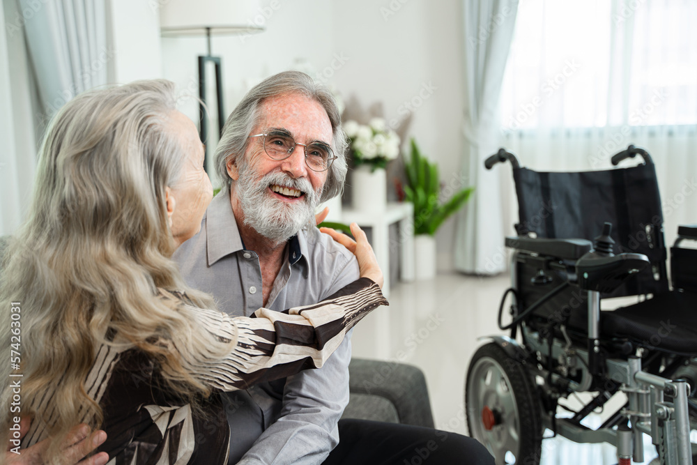 Dreamy middle aged senior loving retired family couple are hugging,Enjoying peaceful moment relaxing