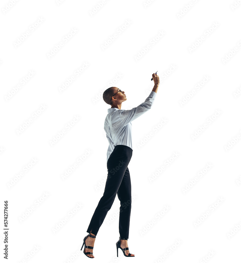 Motivated businesswoman drawing on a transparent background