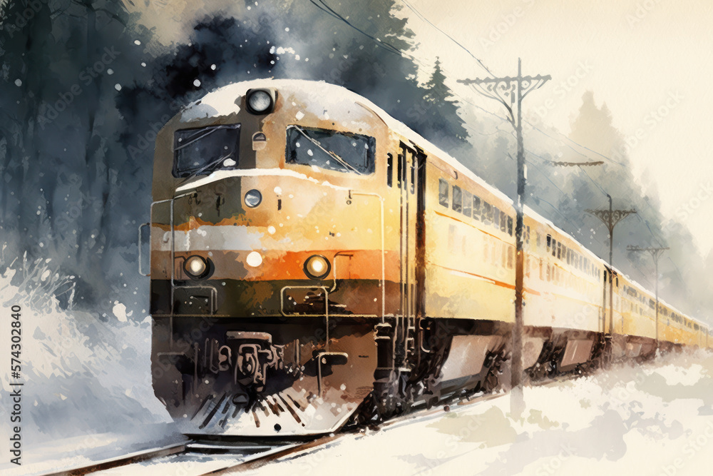 A beautiful painting of a Japanese train in winter in the snow. Beautiful landscape, wallpaper, gene