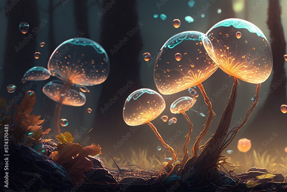 transparent mushrooms in the magical forest