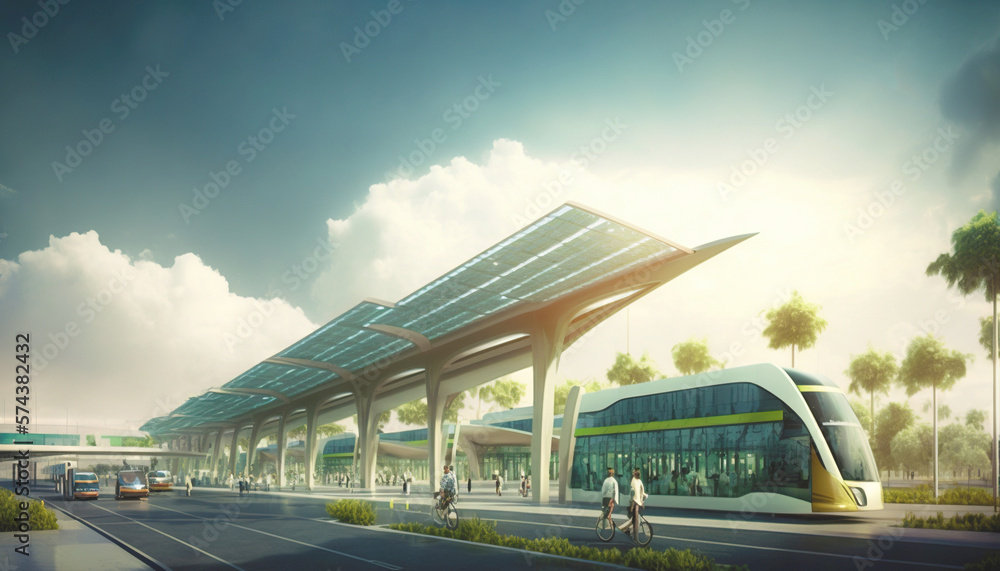 Bustling transportation center powered entirely by green energy. Electric cars, buses. Generative AI