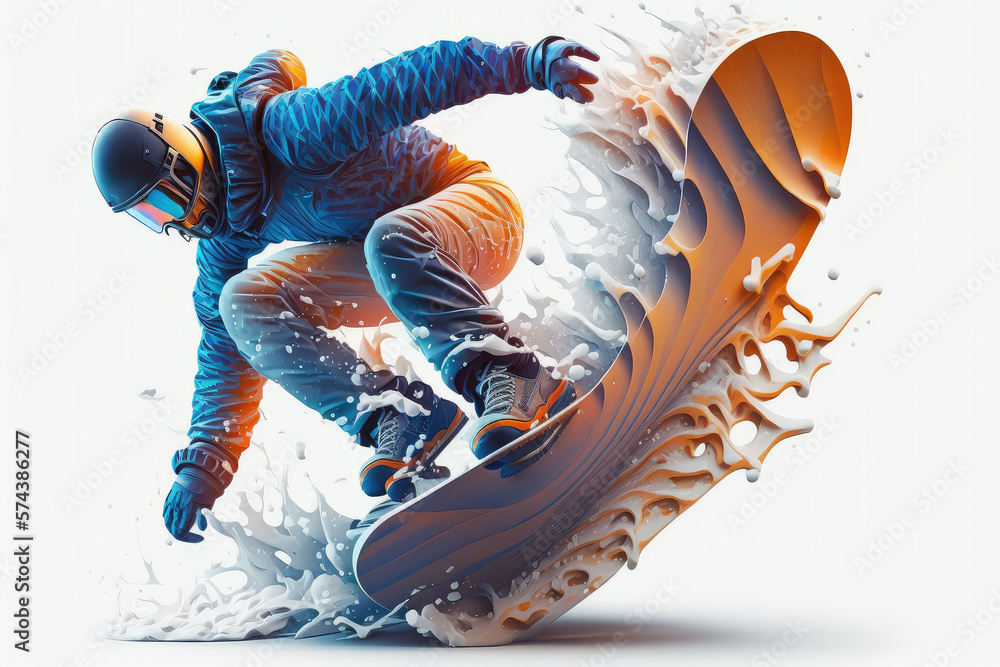 illustration painting of a snowboarding on white background. The snowboarder man doing a trick. Carv