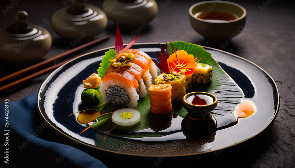 Colorful Sushi Platter: A Vibrant Array of Rolls and Sashimi with Fresh Seafood and Dipping Sauces