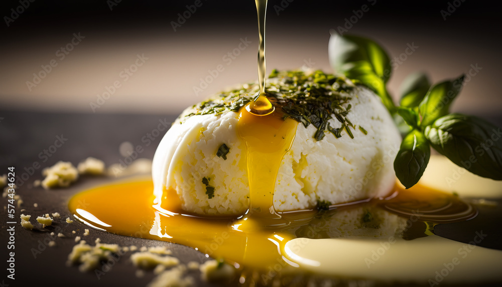 Mozzarella cheese with olive oil. Tasty condiments, italian vegetarian breakfast, ai generated