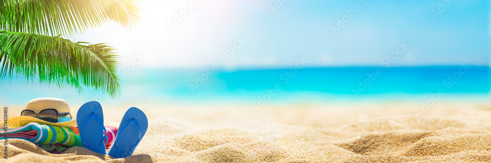 Summer holiday background with flip flops and palm tree on sandy beach