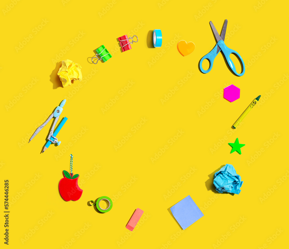 Collection of school supplies overhead view - flat lay