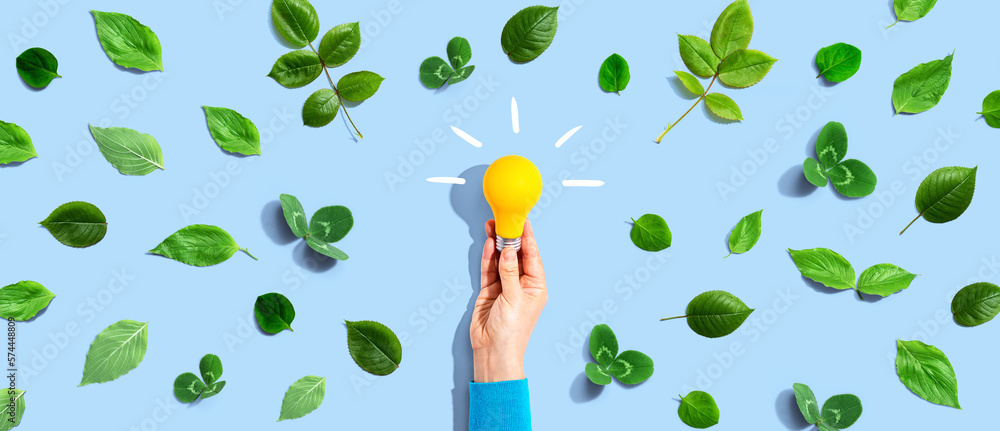 Person holding a light bulb with green leaves