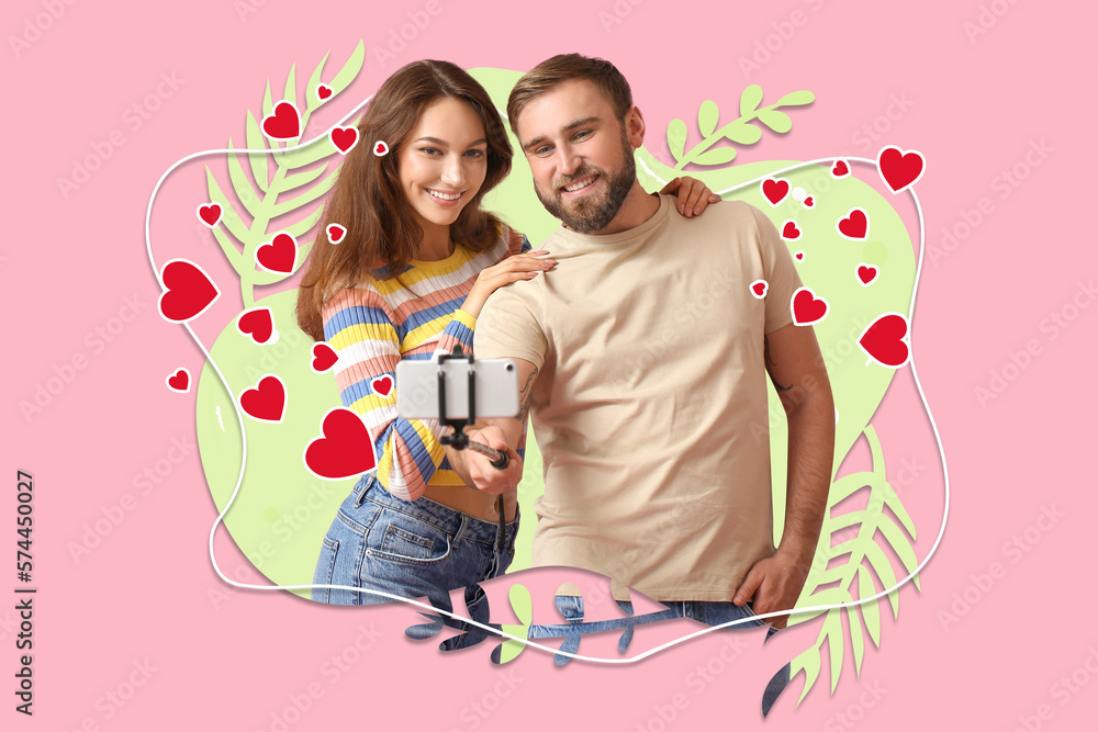 Young couple taking selfie on pink background. Valentines Day celebration