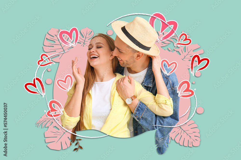 Happy young couple on color background. Valentines Day celebration