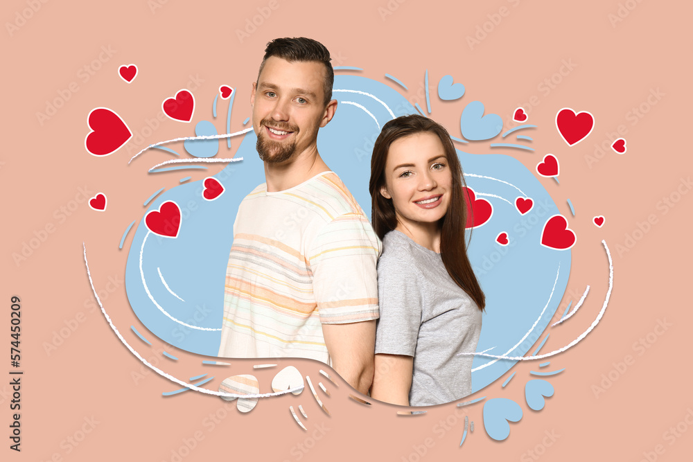 Happy young couple on beige background. Valentines Day celebration