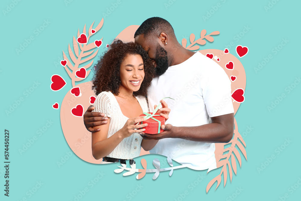 Portrait of happy African-American couple with gift on color background. Valentines Day celebration