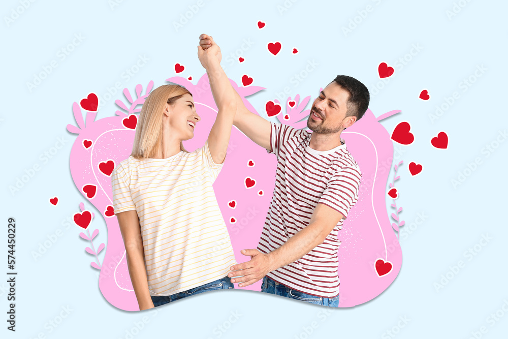 Portrait of happy dancing couple on light background. Valentines Day celebration