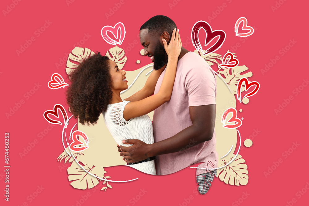 Portrait of happy African-American couple on red background. Valentines Day celebration