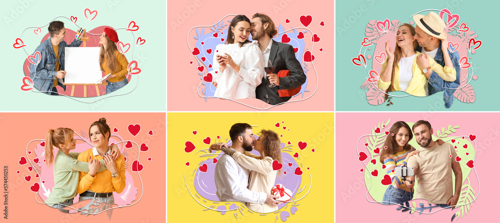 Collage with happy couples in love on color background. Valentines Day celebration