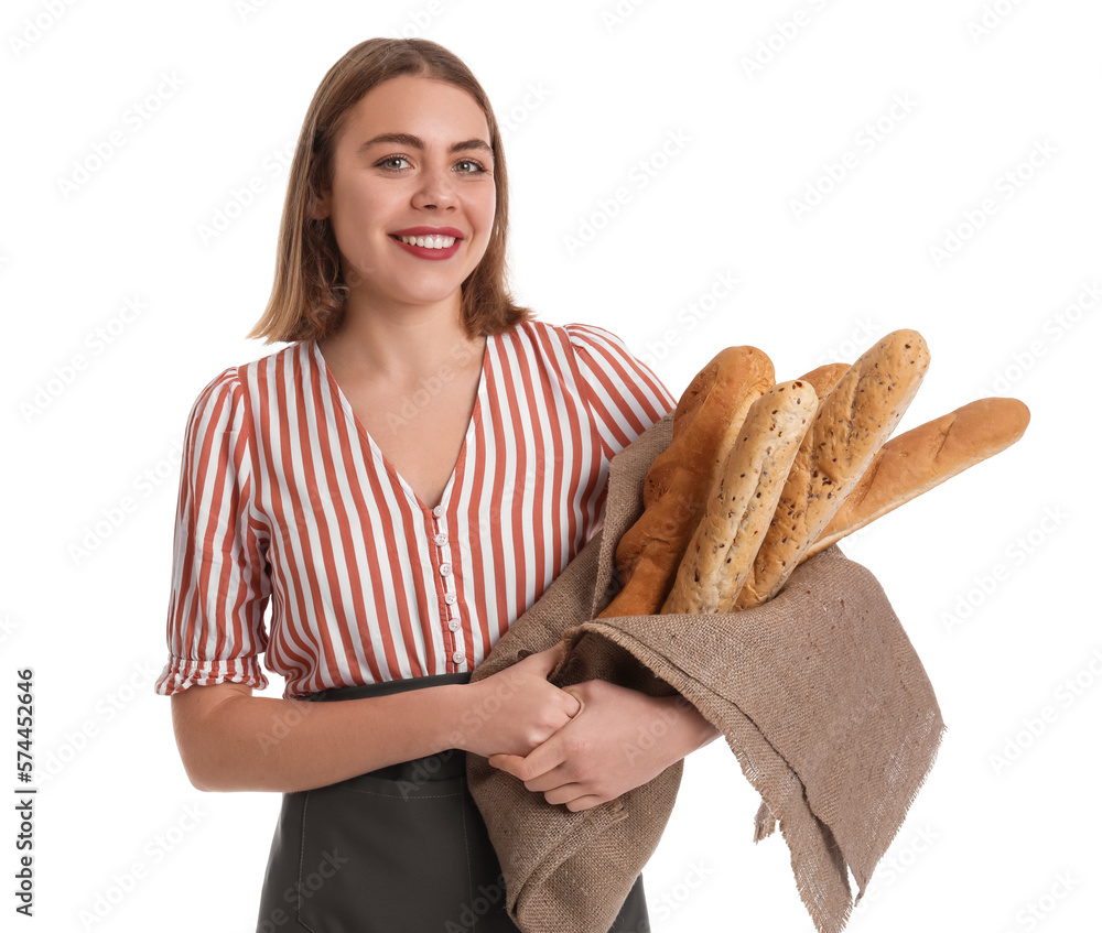 Female baker with fresh baguettes on white background