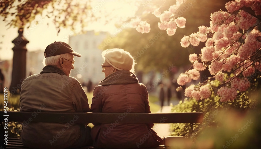  Artificial generated image of  senior couple sitting on a wooden bench in the park