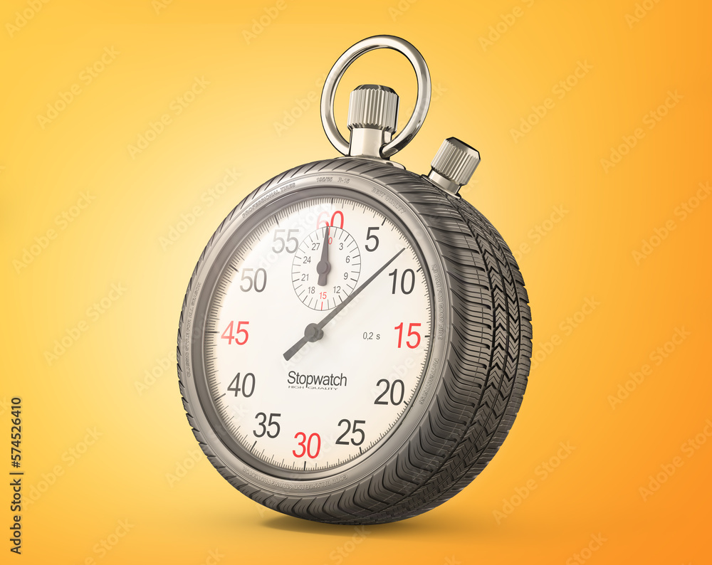 Stopwatch in form of car wheel on a yellow background. 3d illustration