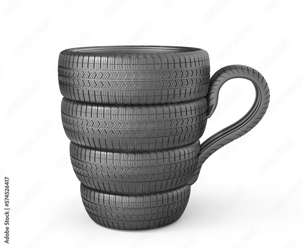 Car tires stack in form of cup coffee on a white background. 3d illustration