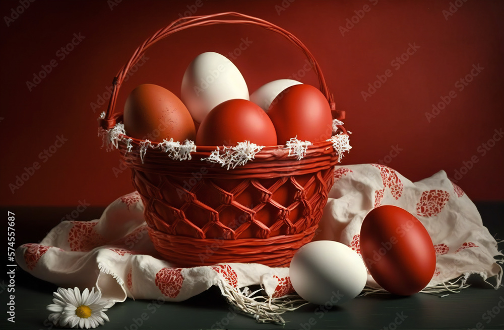 Red Easter eggs in a basket on a table. Created with Generative AI technology.