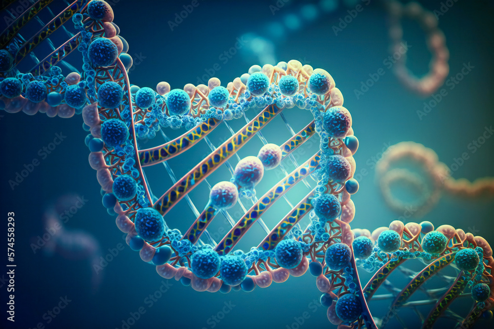 Blue double helix DNA strand macro. Created with Generative AI technology.