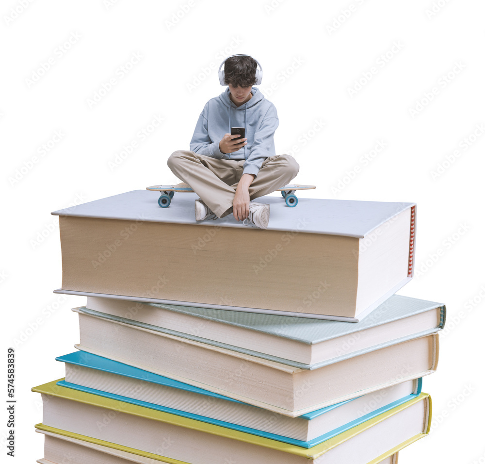 Young student with smartphone and pile of books