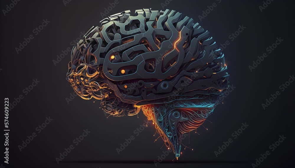 High tech, futuristic AI brain on a dark background, featuring advanced technology. Generative AI