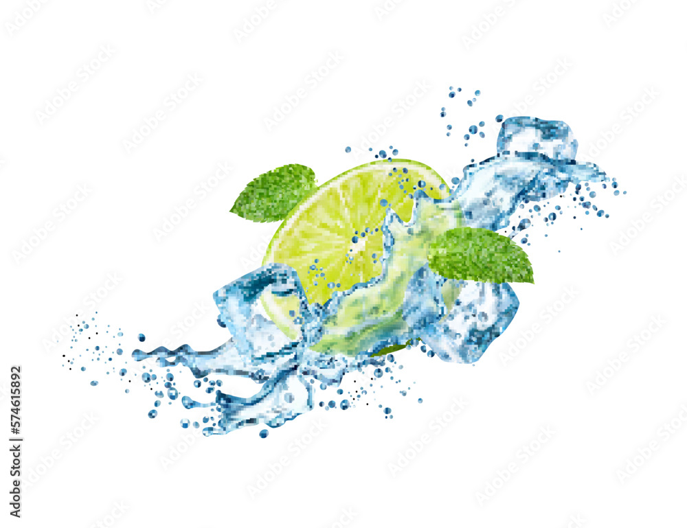 Wave splash with lime, ice cubes, leaves, mojito