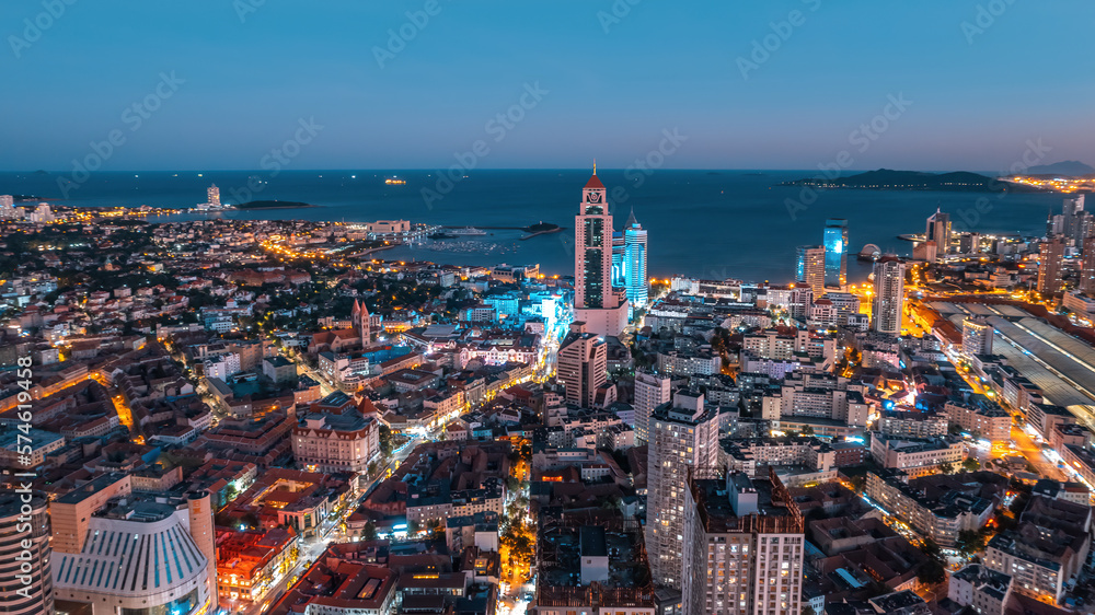 Aerial photography China Qingdao modern urban architecture scenery night view