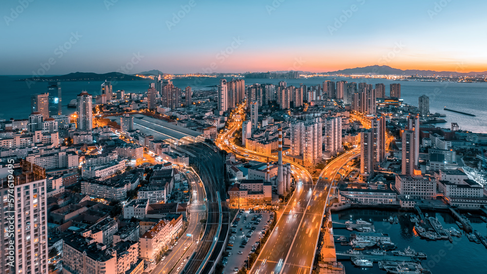 Aerial photography China Qingdao modern urban architecture scenery night view