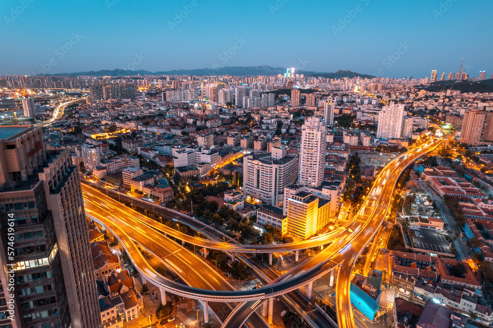 Aerial photography China Qingdao city bridge night view