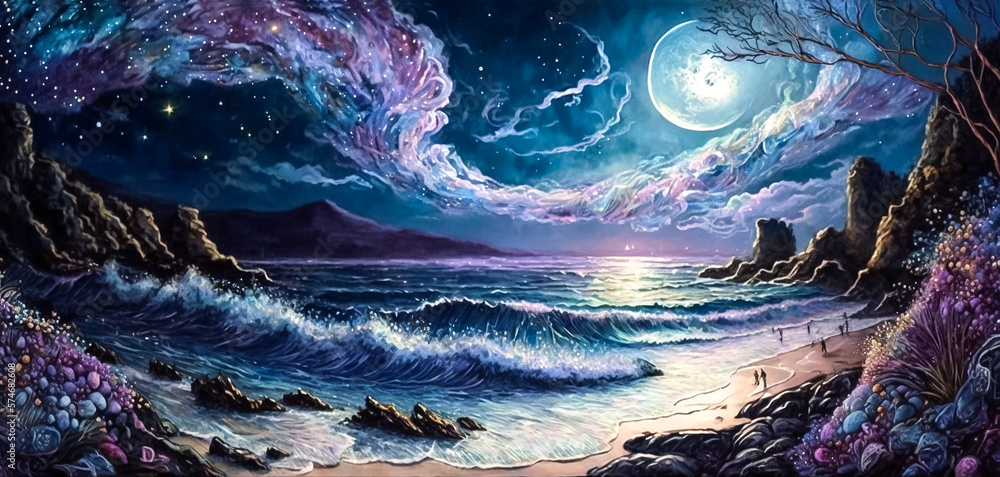 Horizontal illustration with night seascape and full moon. Digital painting.