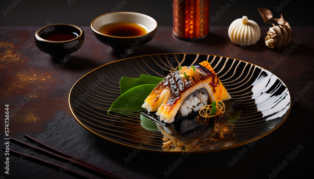 Sushi Japanese menu, great and mouth-watering sushi rolls. Sea food consists of rice, caviar, salmon