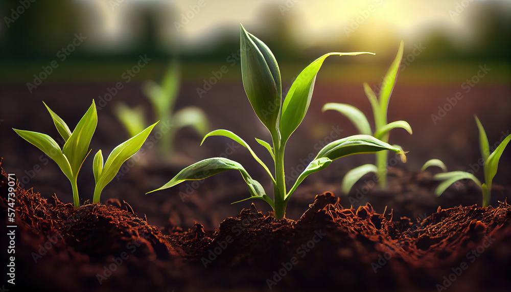 Generative AI, Young plant Growing In sunlight from the ground, macro photorealistic illustration, a