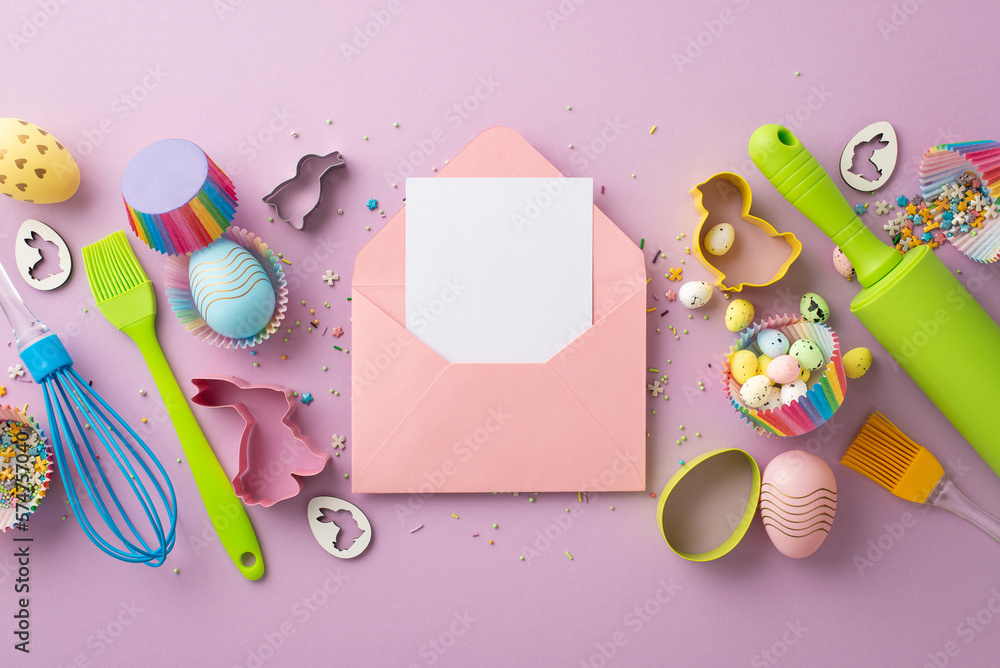 Easter concept. Top view photo of pink envelope with letter kitchen utensils colorful easter eggs in