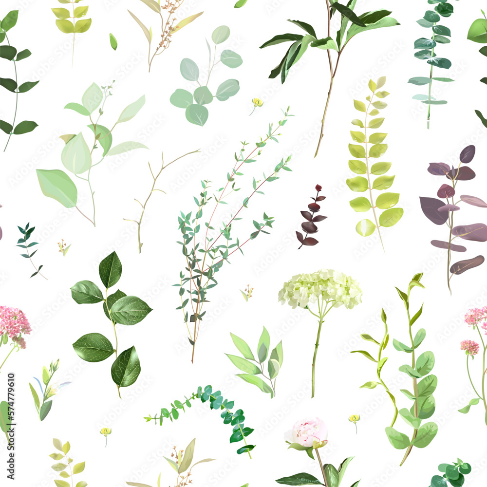 Summer garden greenery print with leaves and wildflowers. Hydrangea flower, peony, eucalyptus, herbs