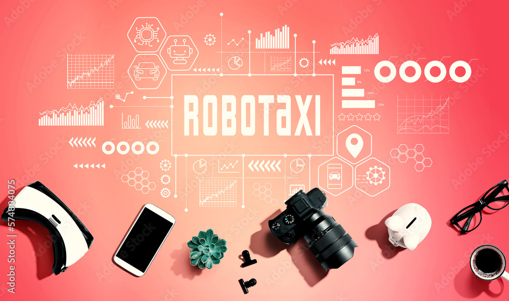 Robotaxi theme with electronic gadgets and office supplies - flat lay