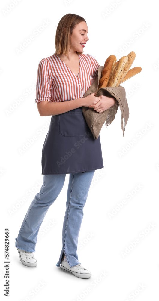 Female baker with fresh baguettes on white background