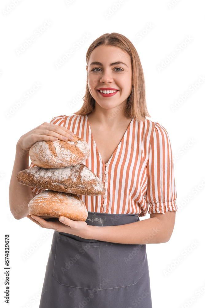 Female baker with fresh bread on white background