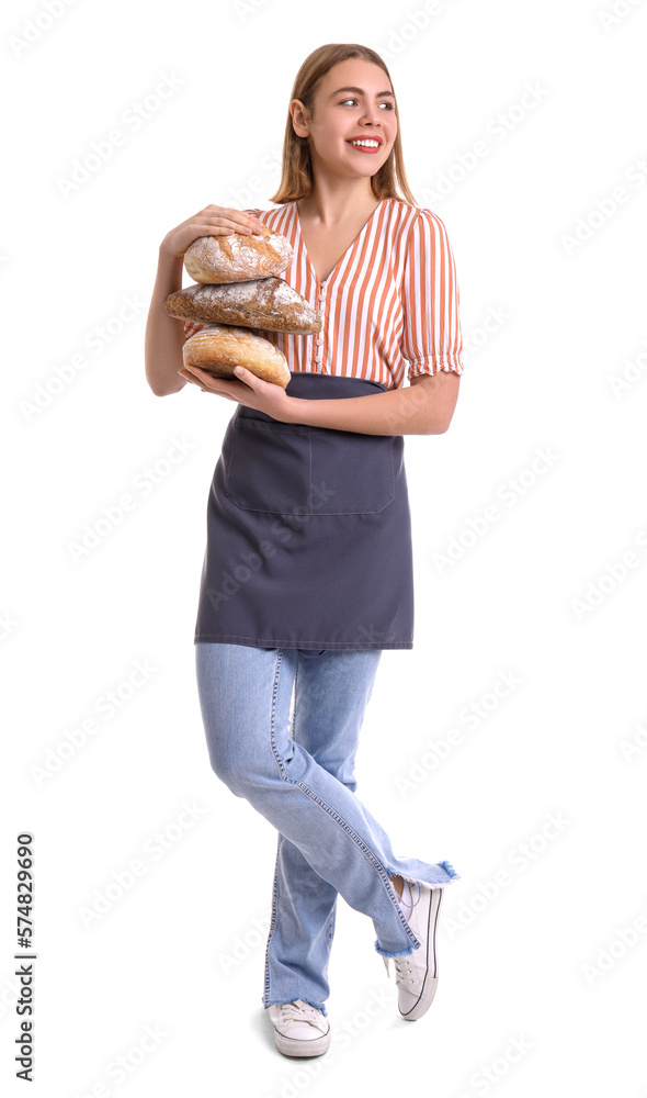 Female baker with fresh bread on white background