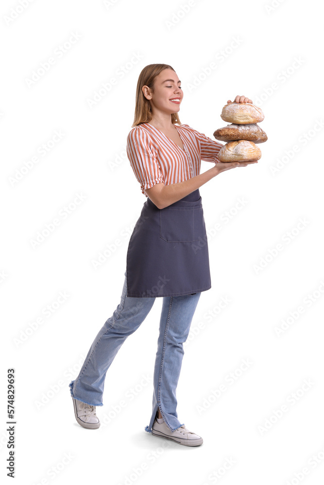 Female baker with fresh bread on white background