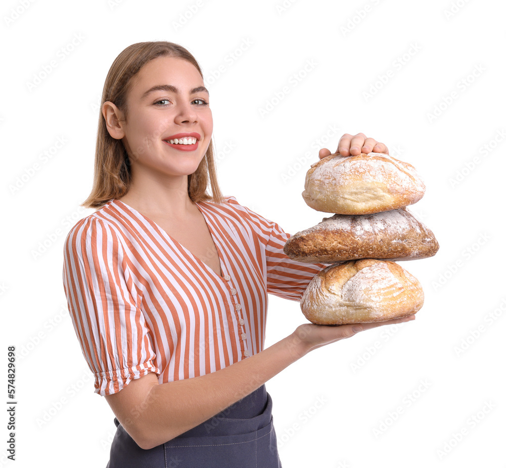 Female baker with fresh bread on white background