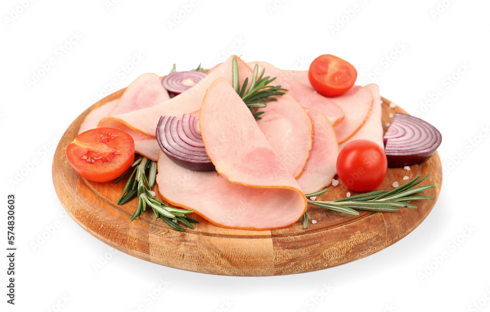 Board with tasty slices of ham, tomatoes, onions and rosemary isolated on white background