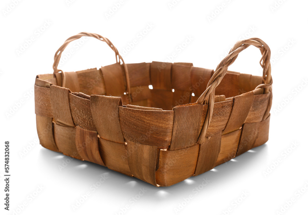 Wooden wicker basket on white background